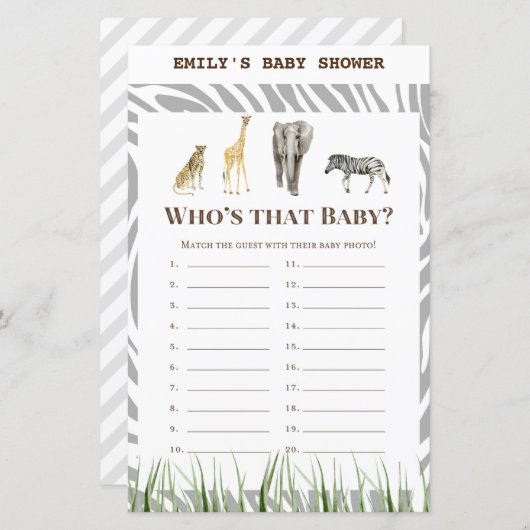 アフリカ野生の赤ちゃんシャワーゲーム印刷 (正面/裏面)