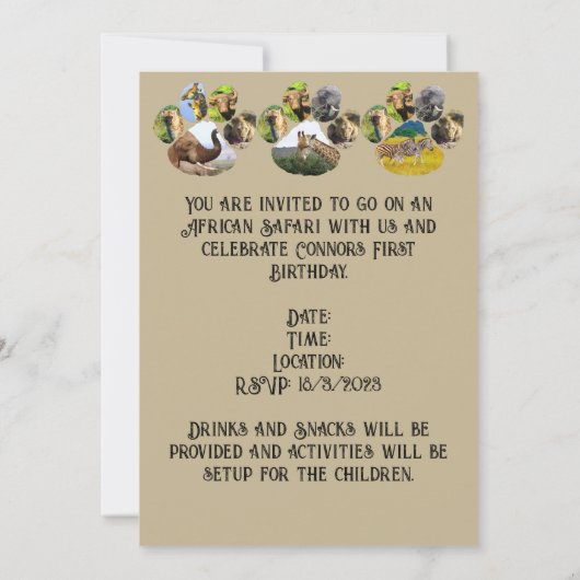 アフリカ野生生物ポープリントコラージュカスタム文字 招待状 (裏面)