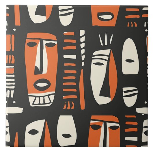 アフリカ顔オレンジ、黒セラミックタイル タイル (正面)