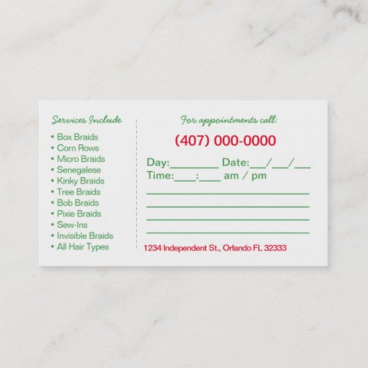 アフリカ髪編み名刺テンプレート 予約カード (裏面)