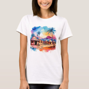 アフリカ鮮やかヴィレッジウォーター絵を描カラー Tシャツ