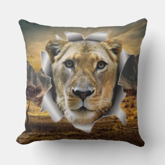 アフリカ – サファリライオンワイルドライフアート枕 クッション (正面)