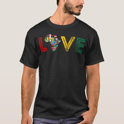 アフリカLOVE大陸地図と一致する国の国旗 Tシャツ (正面)