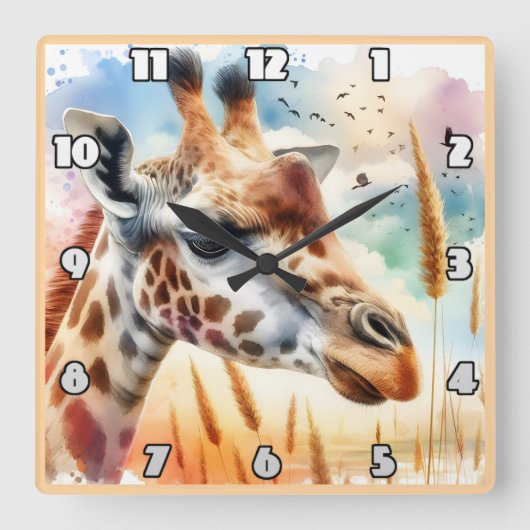 アフリ威厳のあるカのサバンナを見つめるキリン スクエア壁時計 (正面)