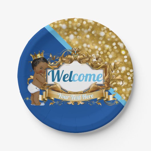 アフリ王室のカンプリンスブルー&金ゴールドエレガントグリッター ペーパープレート (正面)