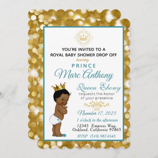 アフリ王室のンプリンスティール（緑がかった色）&金ゴールドグリッターファンシー 招待状 (正面/裏面)