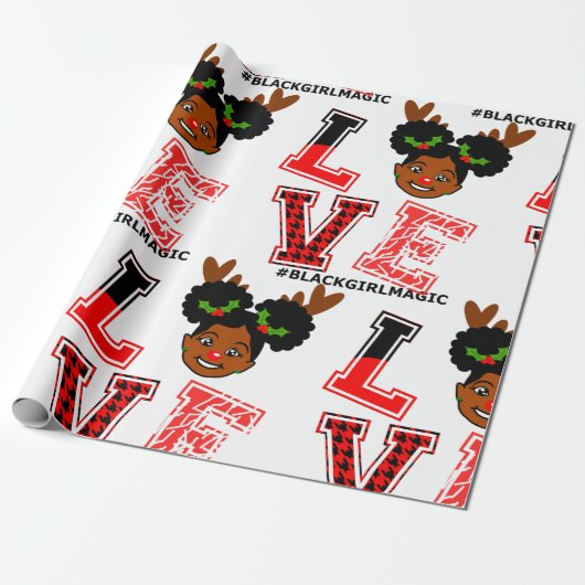 アフロの女の子，トナカイ，赤い鼻，クリスマス，黒 ラッピングペーパー (アンロールド)