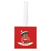 アフロの漫画を持つクリスマスガール キューブオーナメント (正面)