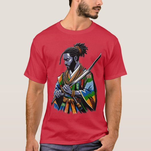 アフロアメリカンサムライアニメ漫画日本武士 Tシャツ (正面)