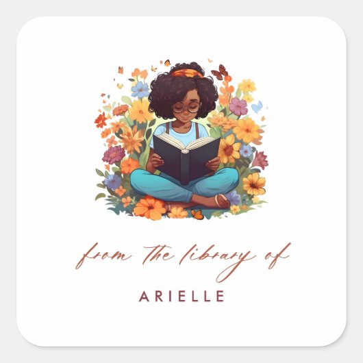 アフロアメリカン・ガール・フローラ・ライブラリー蔵書票 スクエアシール (正面)