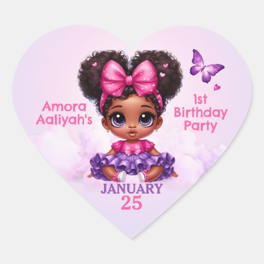 アフロパフベビーガールピンク/パープルバタフライ誕生日 ハートシール (正面)
