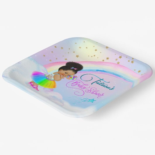 アフロプフベビーガールパステルレインボーベビーシャワー ペーパープレート (傾斜あり)
