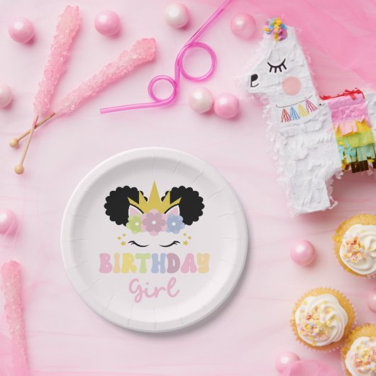 アフロプフユニコーン誕生日ガール ペーパープレート (パーティー)