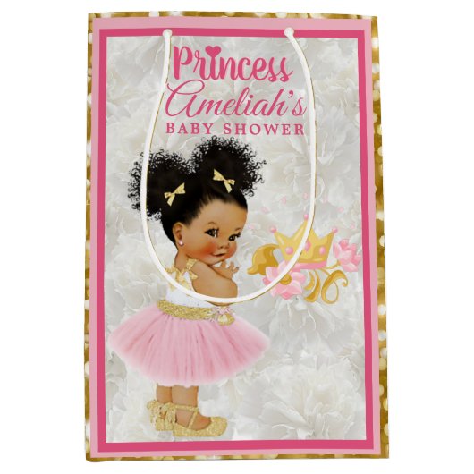 アフロプリンセスバレリーナベビーガールピンク|金ゴールド ファンシー ミディアムペーパーバッグ (正面)