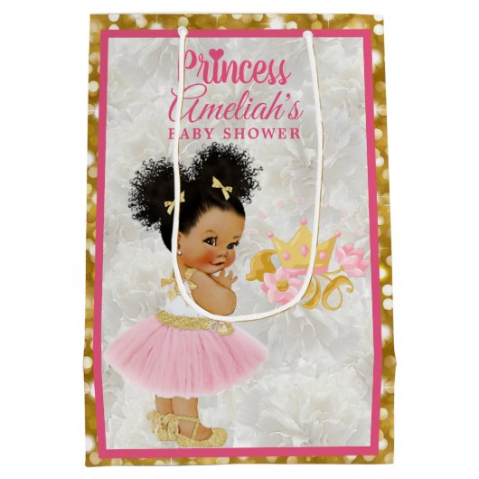 アフロプリンセスバレリーナベビーガールピンク|金ゴールド ファンシー ミディアムペーパーバッグ (裏面)