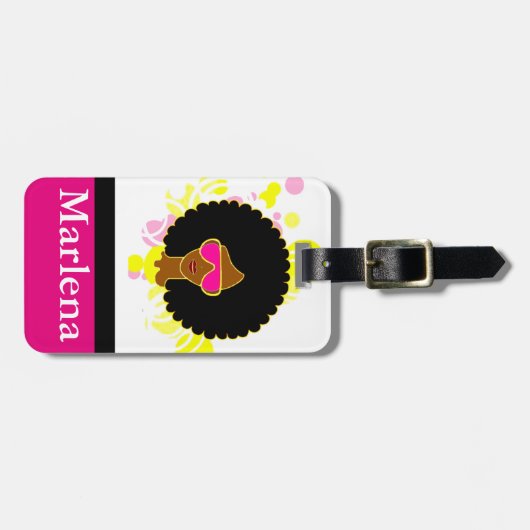 アフロヘアピンクのサングラスオンラゲージタグ ラゲッジタグ (正面横)