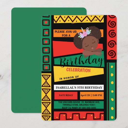 アフロモダンアフリカ系アメリカ人ガールズバースデーパーティー 招待状 (正面/裏面)
