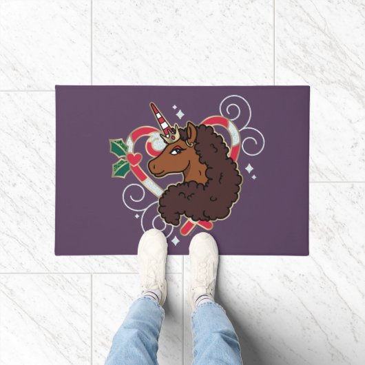 アフロユニコーンキャンディーケーンハートホリデー ドアマット (室内)