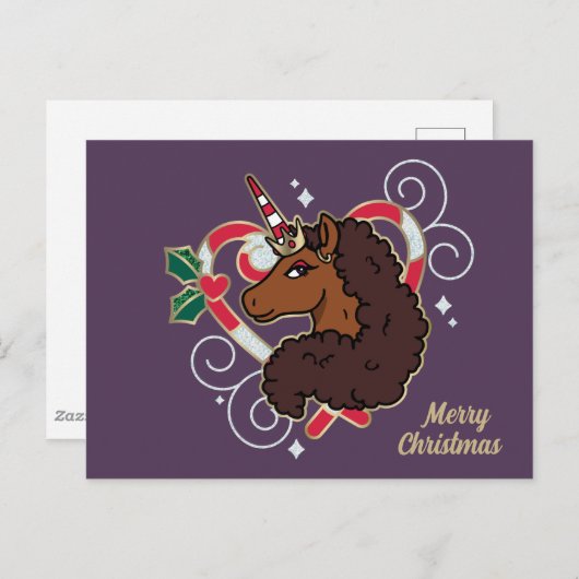 アフロユニコーンキャンディーケーンハートホリデー ポストカード (正面/裏面)