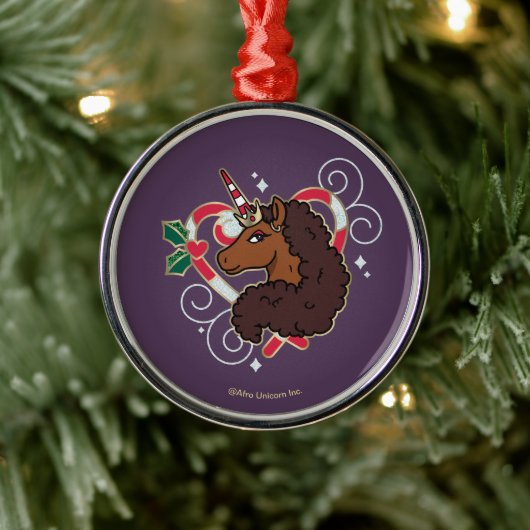 アフロユニコーンキャンディーケーンハートホリデー メタルオーナメント (ツリー)