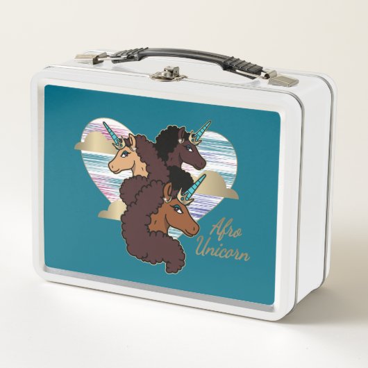 アフロユニコーントリオハートデザイン メタルランチボックス (正面)