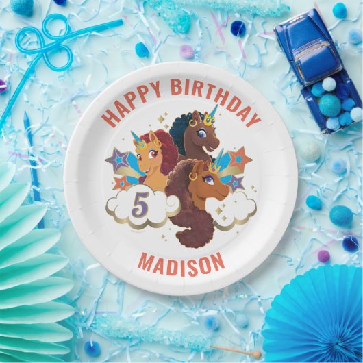 アフロユニコーン | マジカルガールズ誕生日 ペーパープレート (パーティー)