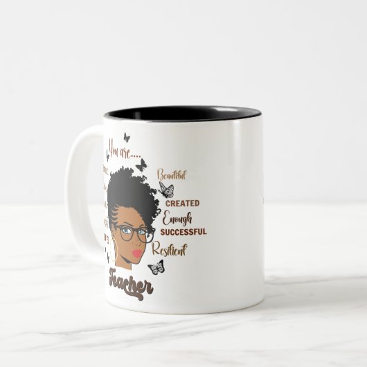 アフロ先生黒人女性先生アフリカンアメリカン ツートーンマグカップ (正面左)