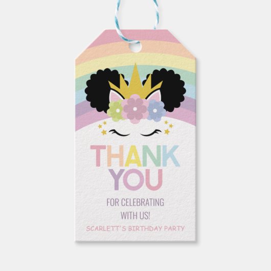 アフロ・プフ・ユニコーンレインボーズ誕生日パーティーの好意 ギフトタグ (正面)