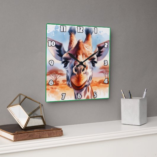 アフ威厳のあるリカのサバンナを見つめるキリン スクエア壁時計 (オフィス)