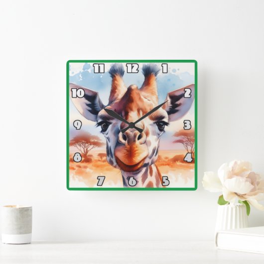 アフ威厳のあるリカのサバンナを見つめるキリン スクエア壁時計 (ホーム)