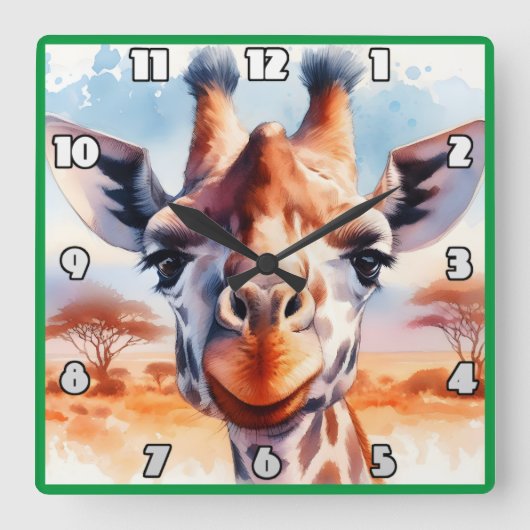 アフ威厳のあるリカのサバンナを見つめるキリン スクエア壁時計 (正面)