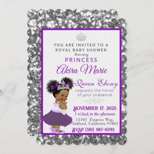 アフ王室のリカプリンセス紫|シルバーグリッター 招待状 (正面/裏面)