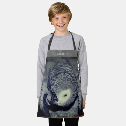 アフ間抜けリカ産グレイパーソナライズされたオウム エプロン (着用した状態)