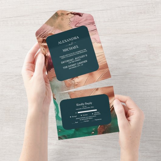 アブストラクトエメラルドグリーンローズゴールドのウェディング オールインワン招待状 (貼ってはがせる)