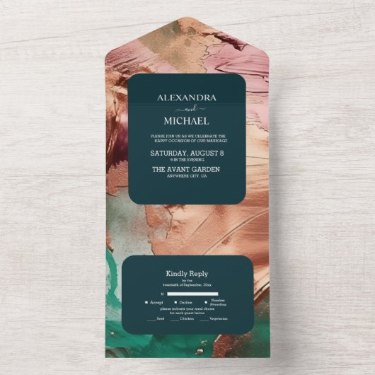 アブストラクトエメラルドグリーンローズゴールドのウェディング オールインワン招待状 (内側)