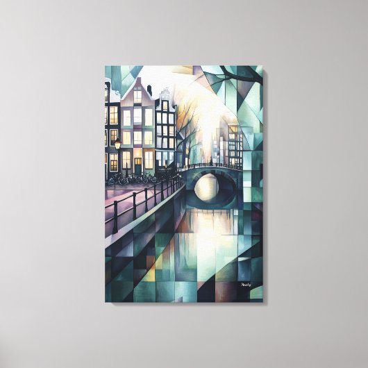 アブストラクト幾何学アムステルダムスカイラインと運河 キャンバスプリント (正面)