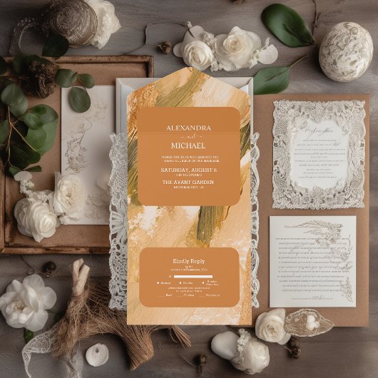 アブストラクト ウォーターカラー ブラシ ストローク ウェディング オールインワン招待状