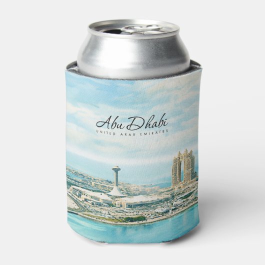 アブダビのスカイライン 水彩画の旅行記念品 缶クーラー (缶正面)