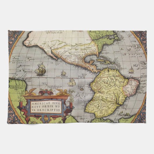 アブラハム・オルテリウスによるアメリカ大陸の古地図 キッチンタオル (横)