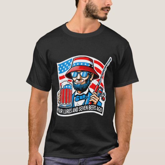 アブラハム リンカーン 釣り人 四つのルアーと七つのビール Tシャツ (正面)