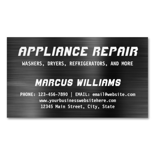 アプライアンス修理ダークグレーフェイク金属鋼 マグネット名刺 (正面)