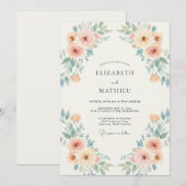 アプリコットとパステルブルーの花冠の結婚式 招待状 (正面/裏面)