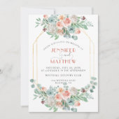 アプリコットとワサビグリーン金ゴールド幾何学フローラ 招待状 (正面)