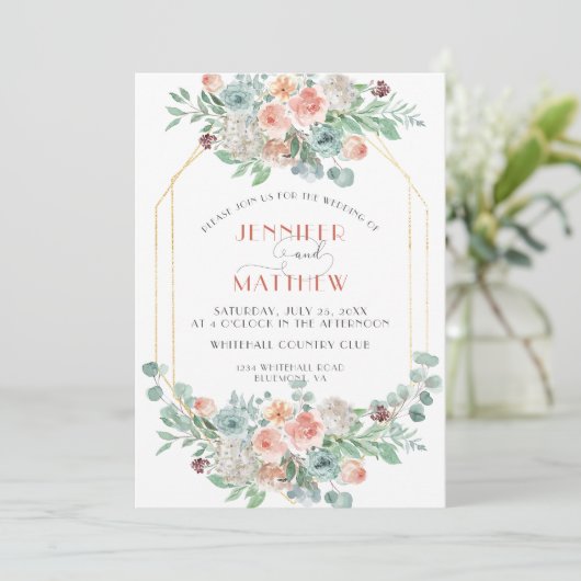 アプリコットとワサビグリーン金ゴールド幾何学フローラ 招待状 (スタンド正面)