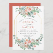 アプリコットとワサビグリーン金ゴールド幾何学フローラ 招待状 (正面/裏面)