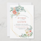 アプリコットわさびグリーン金ゴールド幾何学結婚フローラ 招待状 (正面)