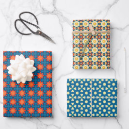 アプリコットイエローブルーティール（緑がかった色）幾何学模様 ラッピングペーパーシート