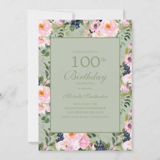 アプリコットピンクの花 ミントグリーンの100歳の誕生日 招待状 (正面)