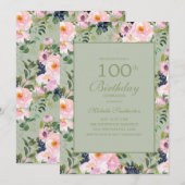 アプリコットピンクの花 ミントグリーンの100歳の誕生日 招待状 (正面/裏面)