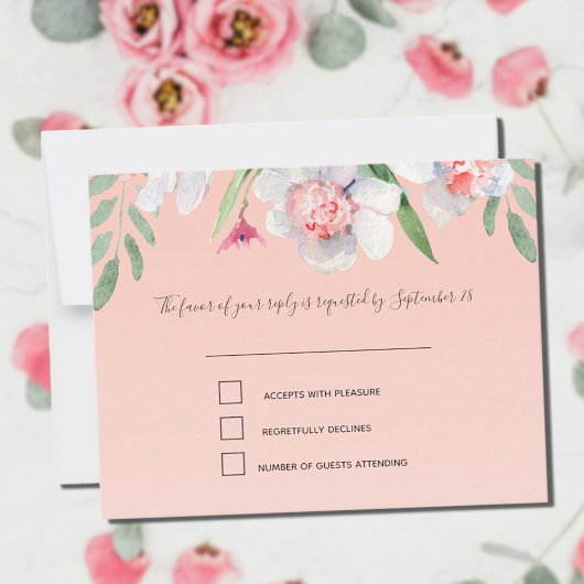 アプリコットピンクRSVPとメニューの白い水仙 出欠カード